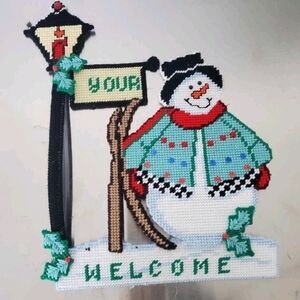 Festive Snowman Welcome Sign with Red and Green Accents